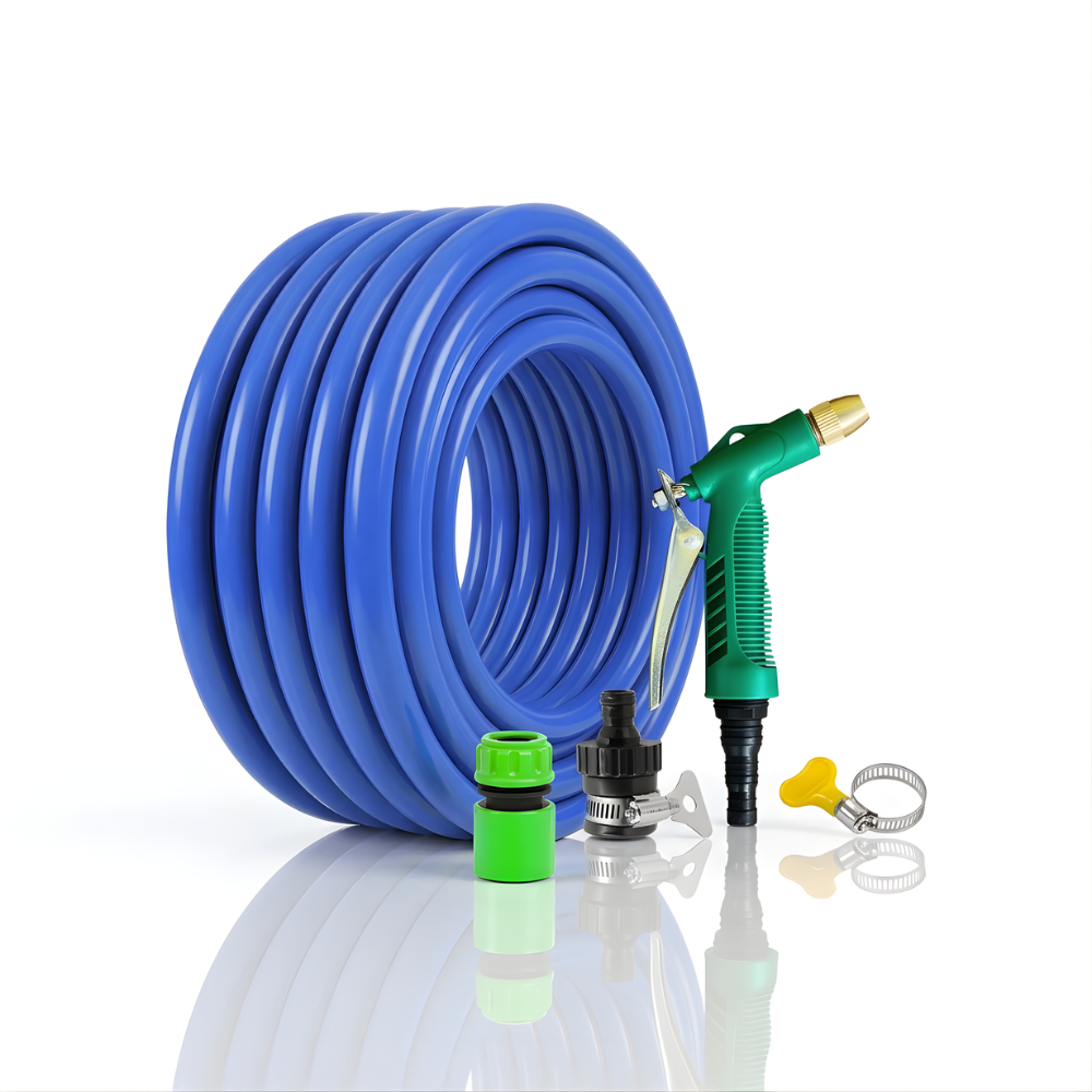 Selang Air Elastis SSBO 1,5 mm ½, ⅝, ¾ Inch + Water Gun Nozzle, 2 Konektor & Fitting Lengkap – Fleksibel, Kuat & Siap Pakai