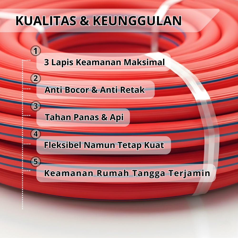 SSBO Selang Gas 3 Lapis Merah 10 mm – Selang Gas Super Aman, Anti Bocor & Tahan Panas untuk LPG Rumah Tangga