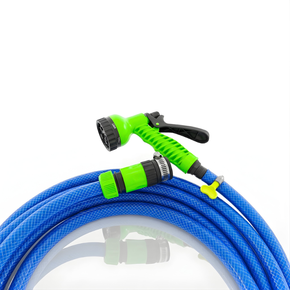 Paket Selang Air Serat Benang Biru SSBO ½ , ⅝, ¾ Inch – Nozzle 7 Mode, 2 Konektor & Fitting Lengkap – Kuat, Fleksibel & Siap Pakai