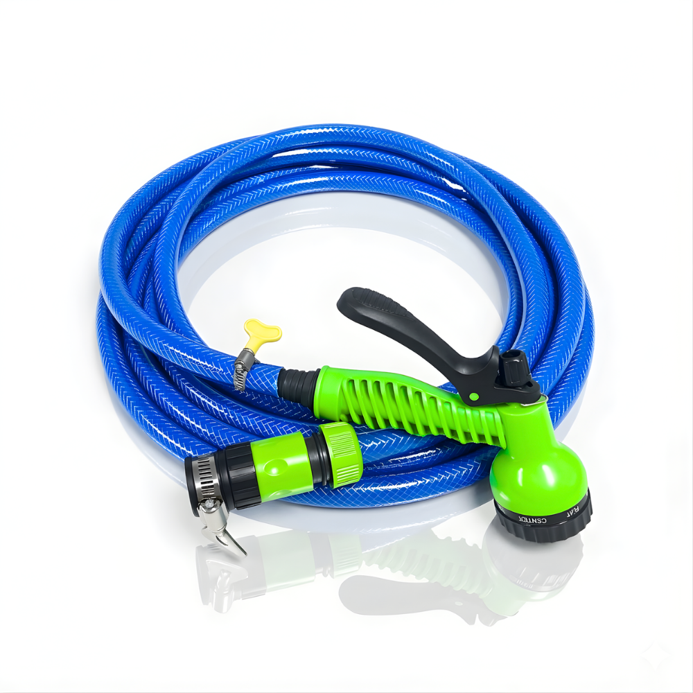Paket Selang Air Serat Benang Biru SSBO ½ , ⅝, ¾ Inch – Nozzle 7 Mode, 2 Konektor & Fitting Lengkap – Kuat, Fleksibel & Siap Pakai