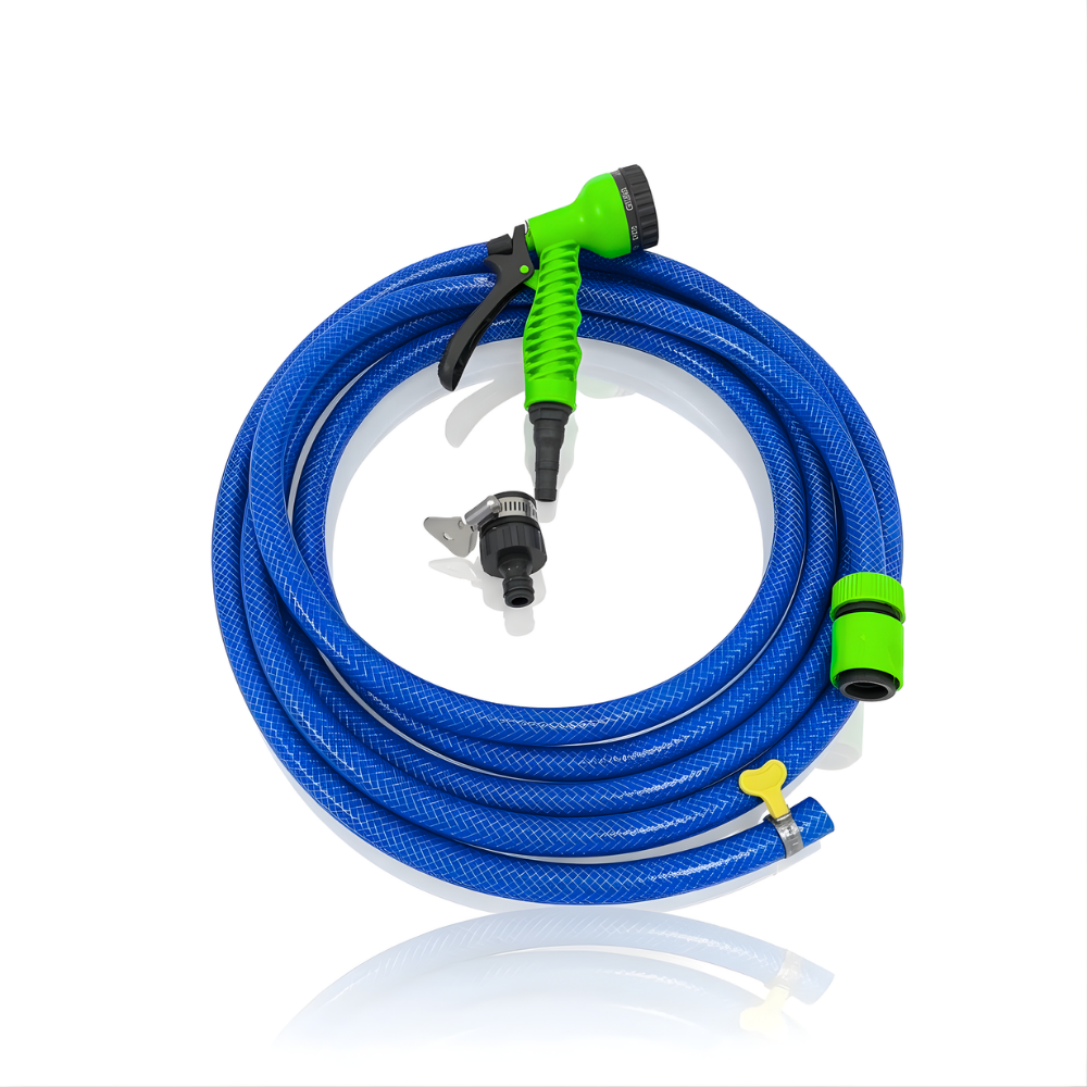 Paket Selang Air Serat Benang Biru SSBO ½ , ⅝, ¾ Inch – Nozzle 7 Mode, 2 Konektor & Fitting Lengkap – Kuat, Fleksibel & Siap Pakai