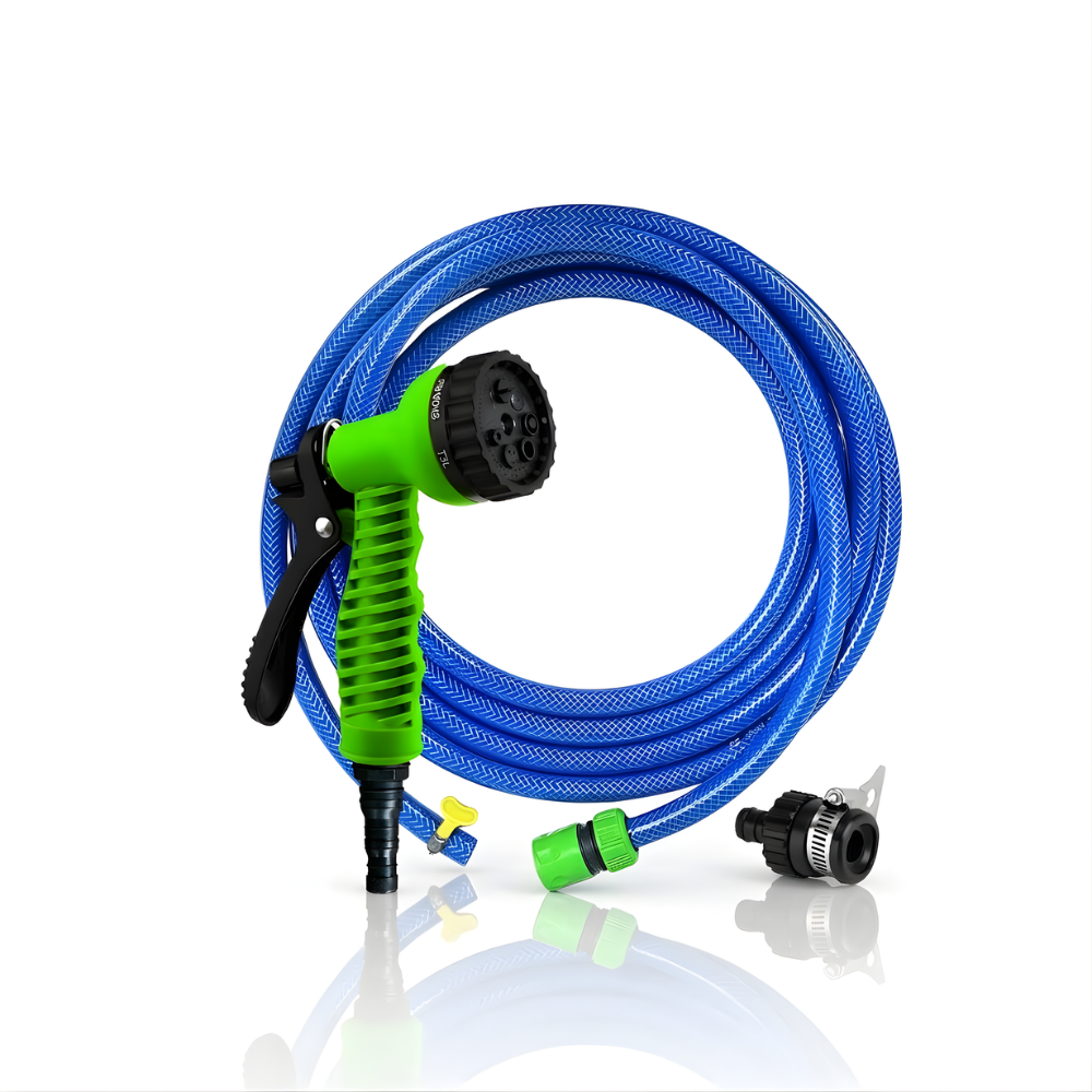 Paket Selang Air Serat Benang Biru SSBO ½ , ⅝, ¾ Inch – Nozzle 7 Mode, 2 Konektor & Fitting Lengkap – Kuat, Fleksibel & Siap Pakai