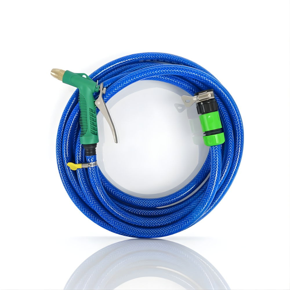 Paket Selang Air Serat Benang Biru SSBO ½ & ⅝ Inch – Water Gun Nozzle, 2 Konektor & Fitting Lengkap