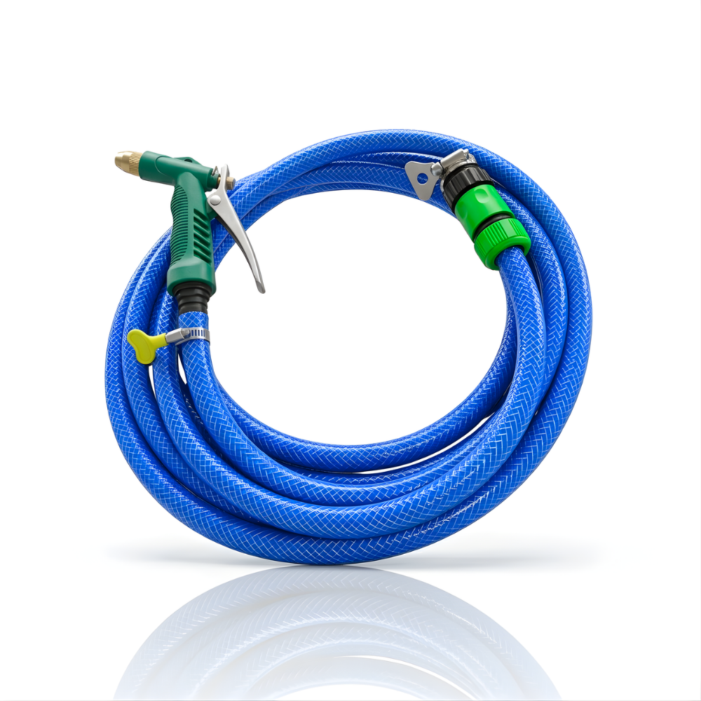 Paket Selang Air Serat Benang Biru SSBO ½ & ⅝ Inch – Water Gun Nozzle, 2 Konektor & Fitting Lengkap