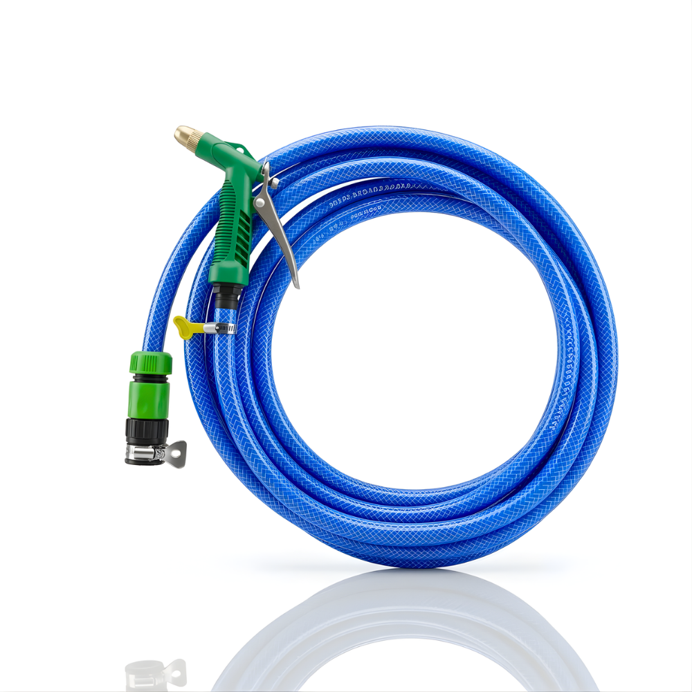 Paket Selang Air Serat Benang Biru SSBO ½ & ⅝ Inch – Water Gun Nozzle, 2 Konektor & Fitting Lengkap