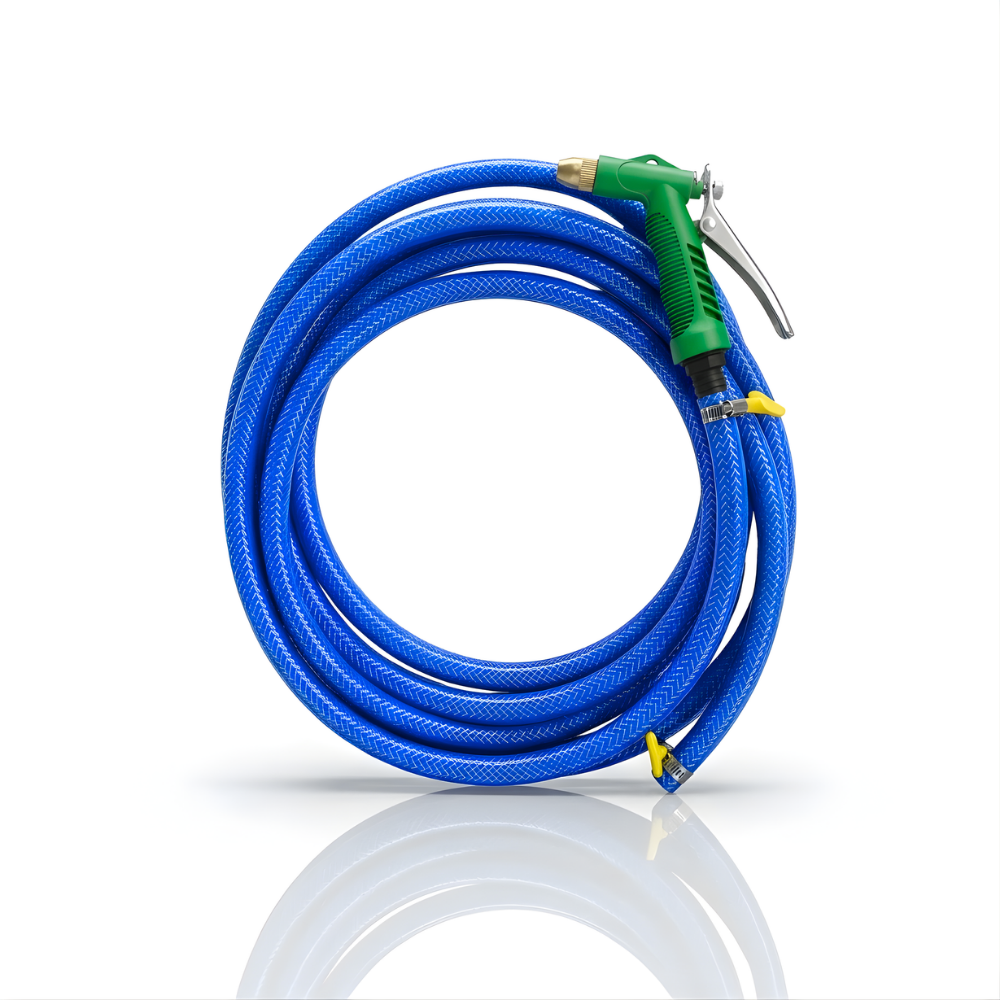 Paket Selang Air Serat Benang Biru SSBO ½, ⅝, ¾ Inch – Nozzle Water Gun & 2 Klem, Tahan Tekanan & Siap Pakai