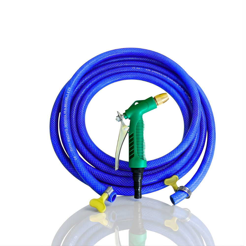 Paket Selang Air Serat Benang Biru SSBO ½, ⅝, ¾ Inch – Nozzle Water Gun & 2 Klem, Tahan Tekanan & Siap Pakai