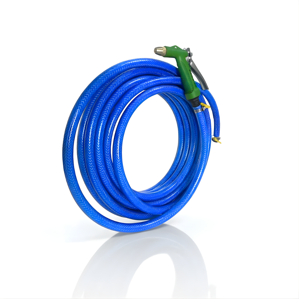 Paket Selang Air Serat Benang Biru SSBO ½, ⅝, ¾ Inch – Nozzle Water Gun & 2 Klem, Tahan Tekanan & Siap Pakai