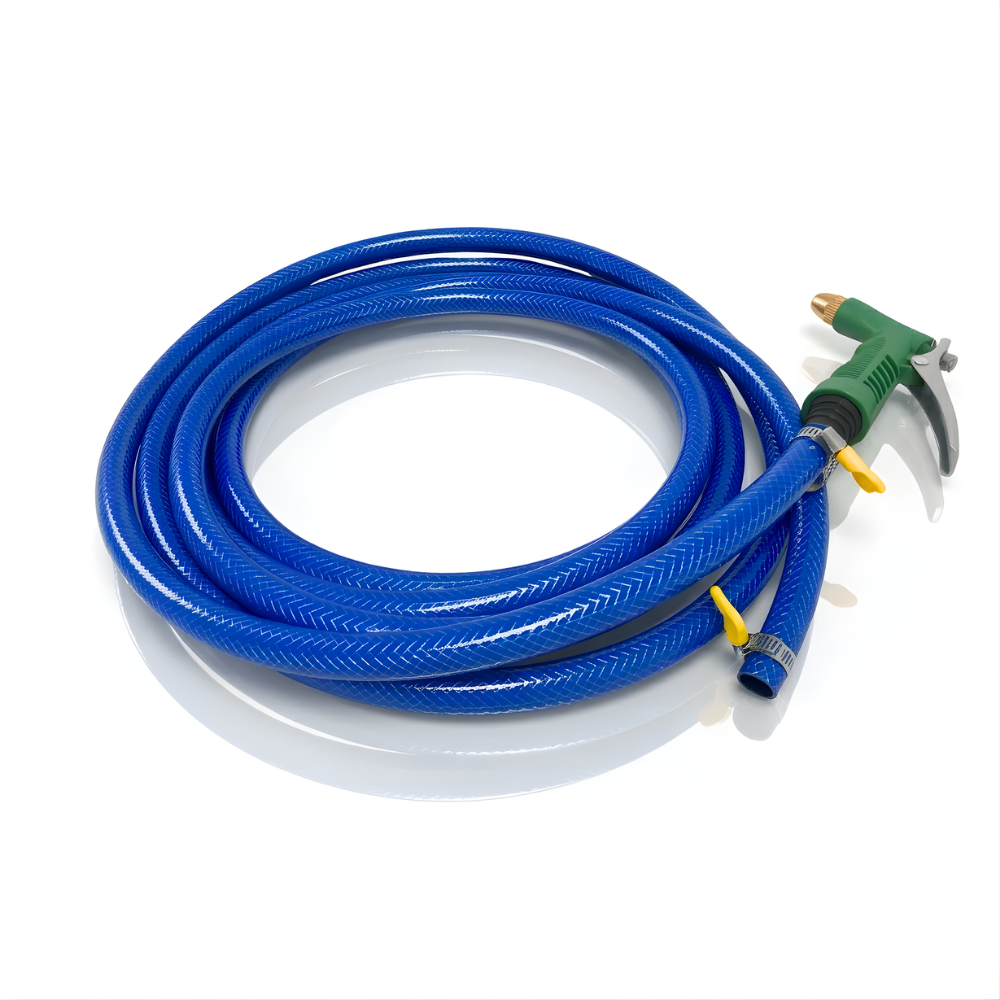 Paket Selang Air Serat Benang Biru SSBO ½, ⅝, ¾ Inch – Nozzle Water Gun & 2 Klem, Tahan Tekanan & Siap Pakai