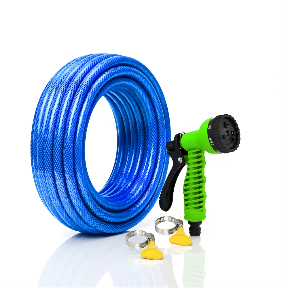 Selang Air PVC Serat Benang Biru ⅝ & ¾ Inch SSBO – Nozzle Semprotan 7 Mode + 2 Klem – Kuat, Fleksibel, Anti Lipat & Siap Pakai