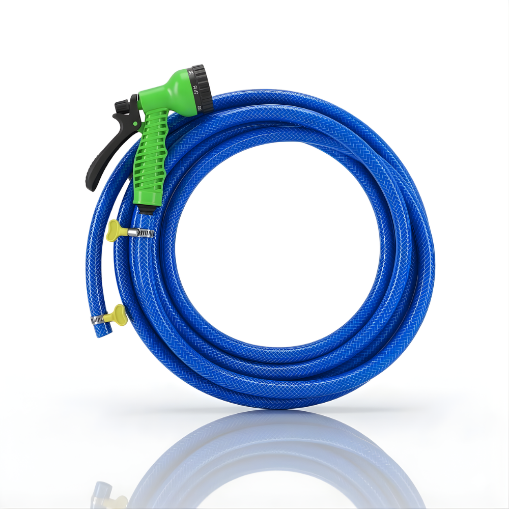 Selang Air PVC Serat Benang Biru ⅝ & ¾ Inch SSBO – Nozzle Semprotan 7 Mode + 2 Klem – Kuat, Fleksibel, Anti Lipat & Siap Pakai