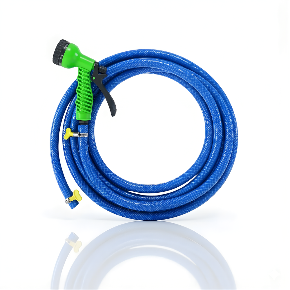 Selang Air PVC Serat Benang Biru ⅝ & ¾ Inch SSBO – Nozzle Semprotan 7 Mode + 2 Klem – Kuat, Fleksibel, Anti Lipat & Siap Pakai