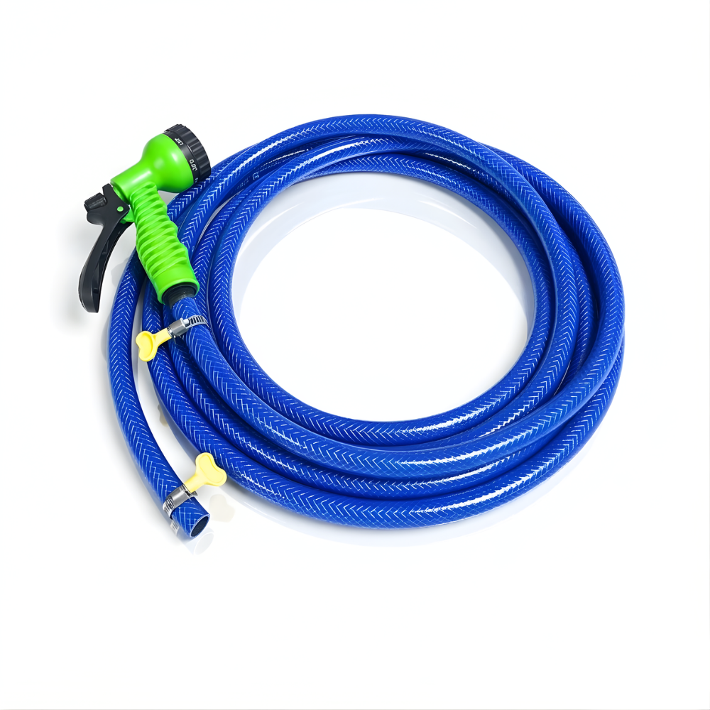 Selang Air PVC Serat Benang Biru ⅝ & ¾ Inch SSBO – Nozzle Semprotan 7 Mode + 2 Klem – Kuat, Fleksibel, Anti Lipat & Siap Pakai