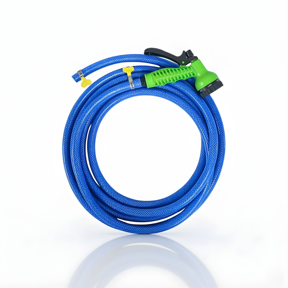 Selang Air PVC Serat Benang Biru ⅝ & ¾ Inch SSBO – Nozzle Semprotan 7 Mode + 2 Klem – Kuat, Fleksibel, Anti Lipat & Siap Pakai