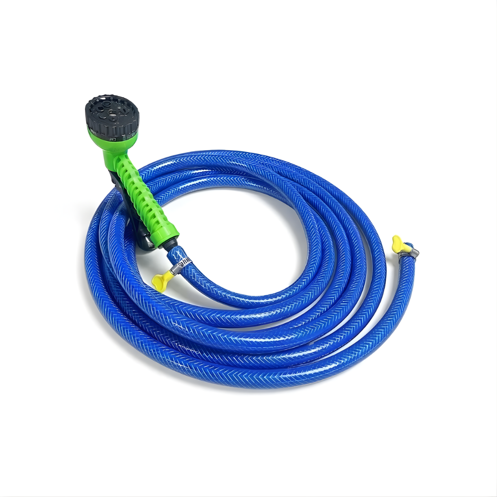 Selang Air PVC Serat Benang Biru ⅝ & ¾ Inch SSBO – Nozzle Semprotan 7 Mode + 2 Klem – Kuat, Fleksibel, Anti Lipat & Siap Pakai