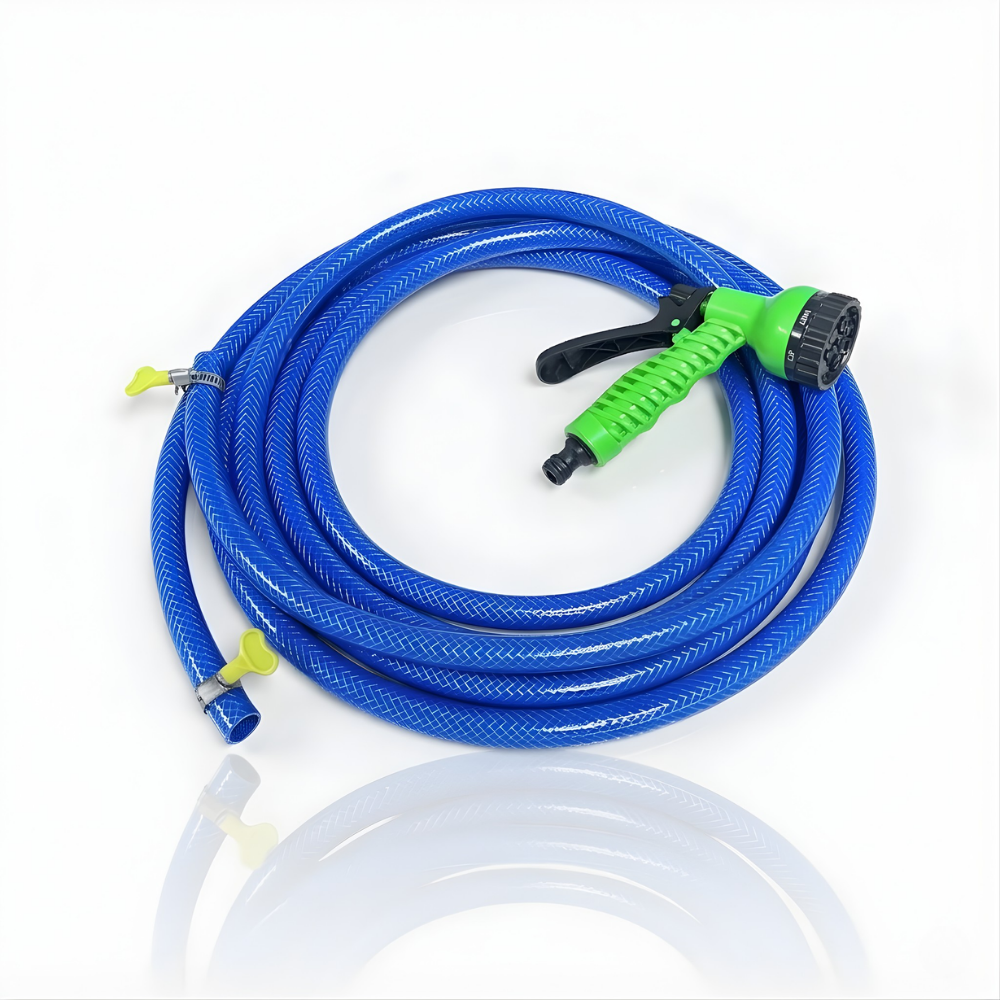 Selang Air PVC Serat Benang Biru ⅝ & ¾ Inch SSBO – Nozzle Semprotan 7 Mode + 2 Klem – Kuat, Fleksibel, Anti Lipat & Siap Pakai