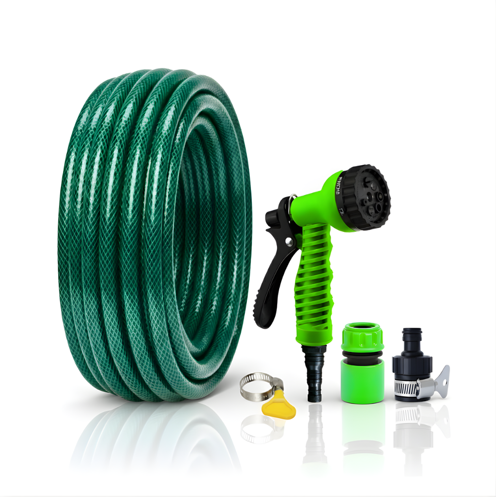 Paket Selang Air Serat Benang Hijau ½, ⅝, ¾ Inch SSBO – Nozzle 7 Mode, 2 Konektor & Fitting Lengkap – Kuat, Fleksibel & Siap Pakai