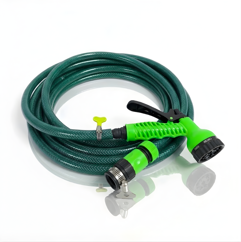 Paket Selang Air Serat Benang Hijau ½, ⅝, ¾ Inch SSBO – Nozzle 7 Mode, 2 Konektor & Fitting Lengkap – Kuat, Fleksibel & Siap Pakai