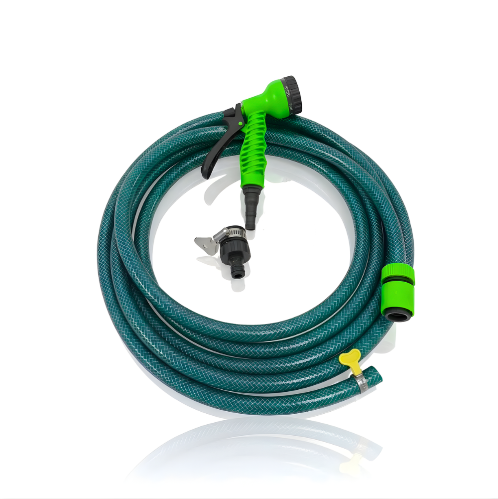Paket Selang Air Serat Benang Hijau ½, ⅝, ¾ Inch SSBO – Nozzle 7 Mode, 2 Konektor & Fitting Lengkap – Kuat, Fleksibel & Siap Pakai