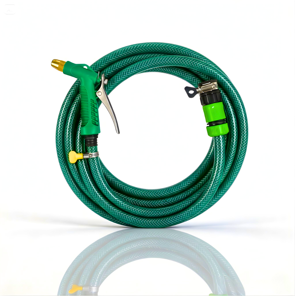 Paket Selang Air Serat Benang Hijau SSBO ½, ⅝, & ¾ Inch – Water Gun Nozzle, 2 Konektor & Fitting Lengkap – Kuat, Fleksibel & Siap Pakai