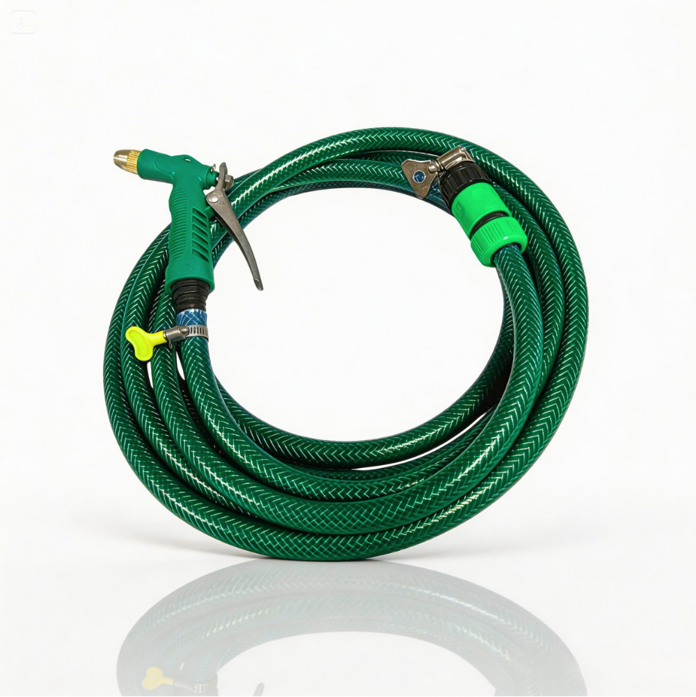 Paket Selang Air Serat Benang Hijau SSBO ½, ⅝, & ¾ Inch – Water Gun Nozzle, 2 Konektor & Fitting Lengkap – Kuat, Fleksibel & Siap Pakai