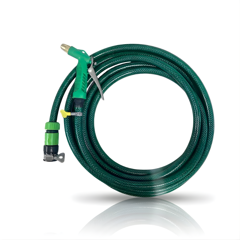 Paket Selang Air Serat Benang Hijau SSBO ½, ⅝, & ¾ Inch – Water Gun Nozzle, 2 Konektor & Fitting Lengkap – Kuat, Fleksibel & Siap Pakai