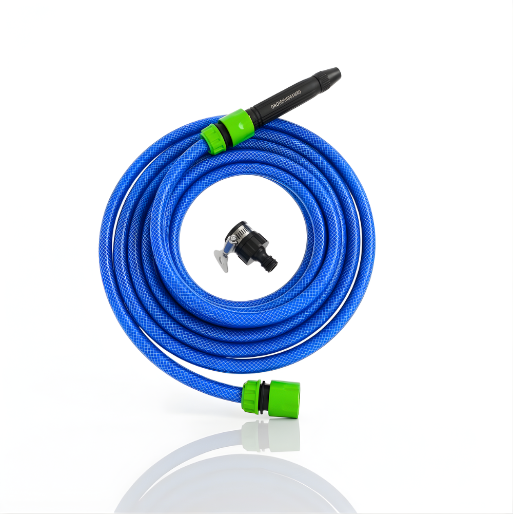 Paket Selang Air Serat Benang Biru SSBO ½, ⅝ & ¾ Inch – Nozzle Stick, 2 Konektor & Fitting Siap Pakai, Tahan Tekanan, Anti Lumut & Fleksibel