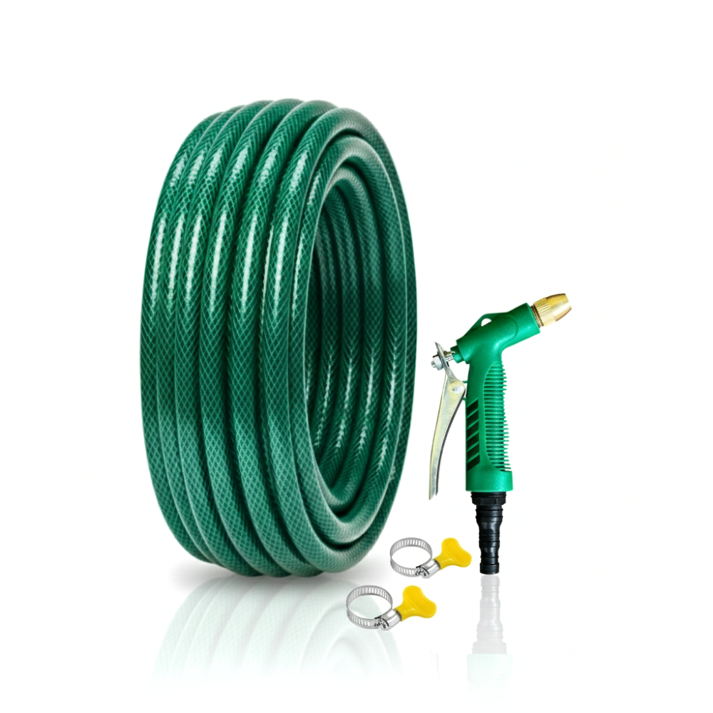 Selang Air PVC Serat Benang Hijau ½, ⅝, ¾ Inch SSBO dengan Nozzle C & Aksesoris Lengkap – Lentur, Kuat & Siap Pakai