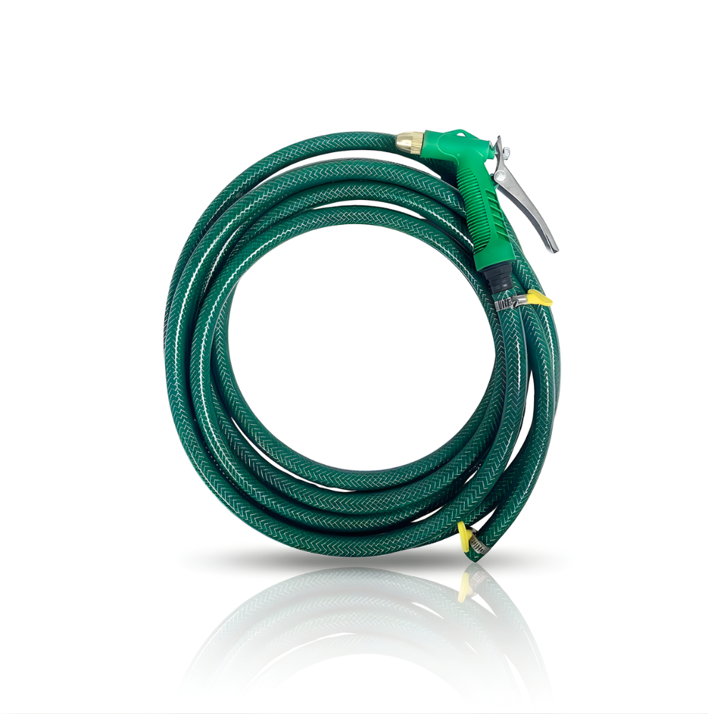 Selang Air PVC Serat Benang Hijau ½, ⅝, ¾ Inch SSBO dengan Nozzle C & Aksesoris Lengkap – Lentur, Kuat & Siap Pakai