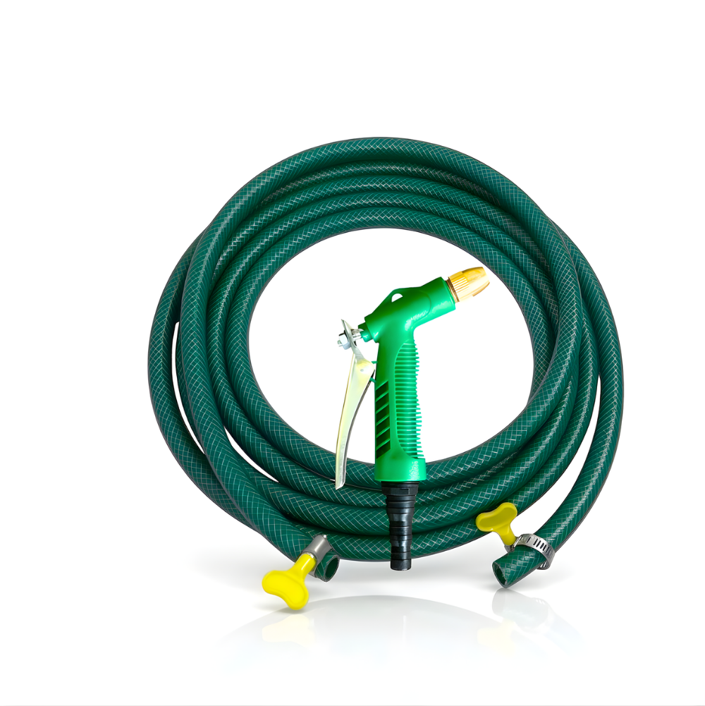 Selang Air PVC Serat Benang Hijau ½, ⅝, ¾ Inch SSBO dengan Nozzle C & Aksesoris Lengkap – Lentur, Kuat & Siap Pakai