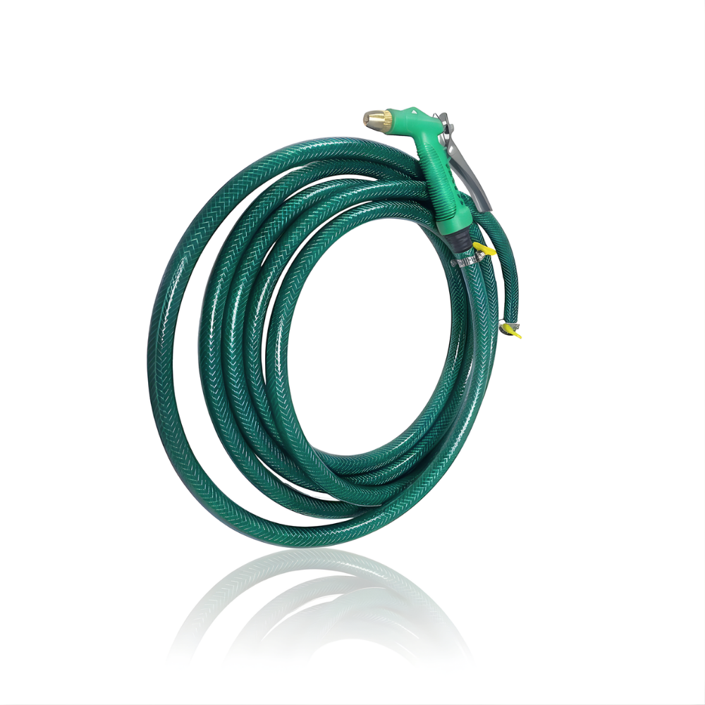 Selang Air PVC Serat Benang Hijau ½, ⅝, ¾ Inch SSBO dengan Nozzle C & Aksesoris Lengkap – Lentur, Kuat & Siap Pakai