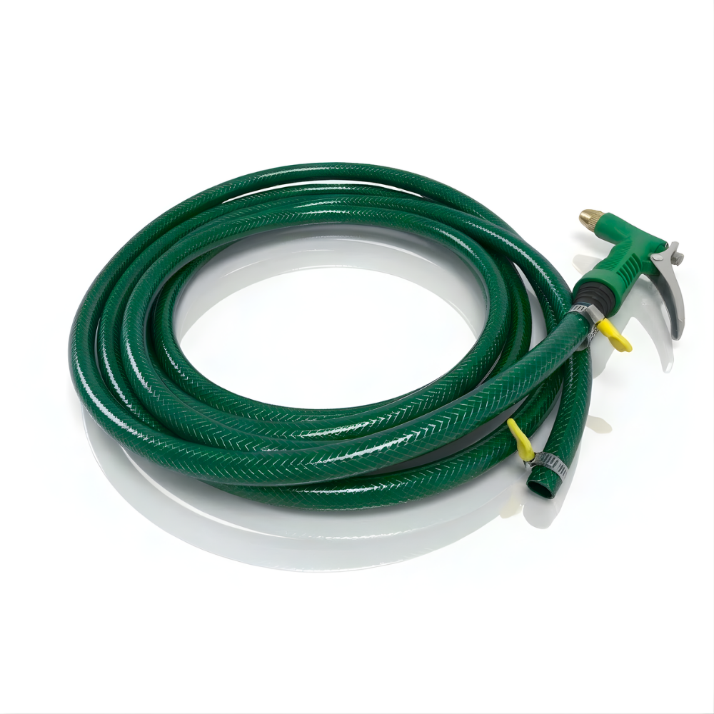 Selang Air PVC Serat Benang Hijau ½, ⅝, ¾ Inch SSBO dengan Nozzle C & Aksesoris Lengkap – Lentur, Kuat & Siap Pakai