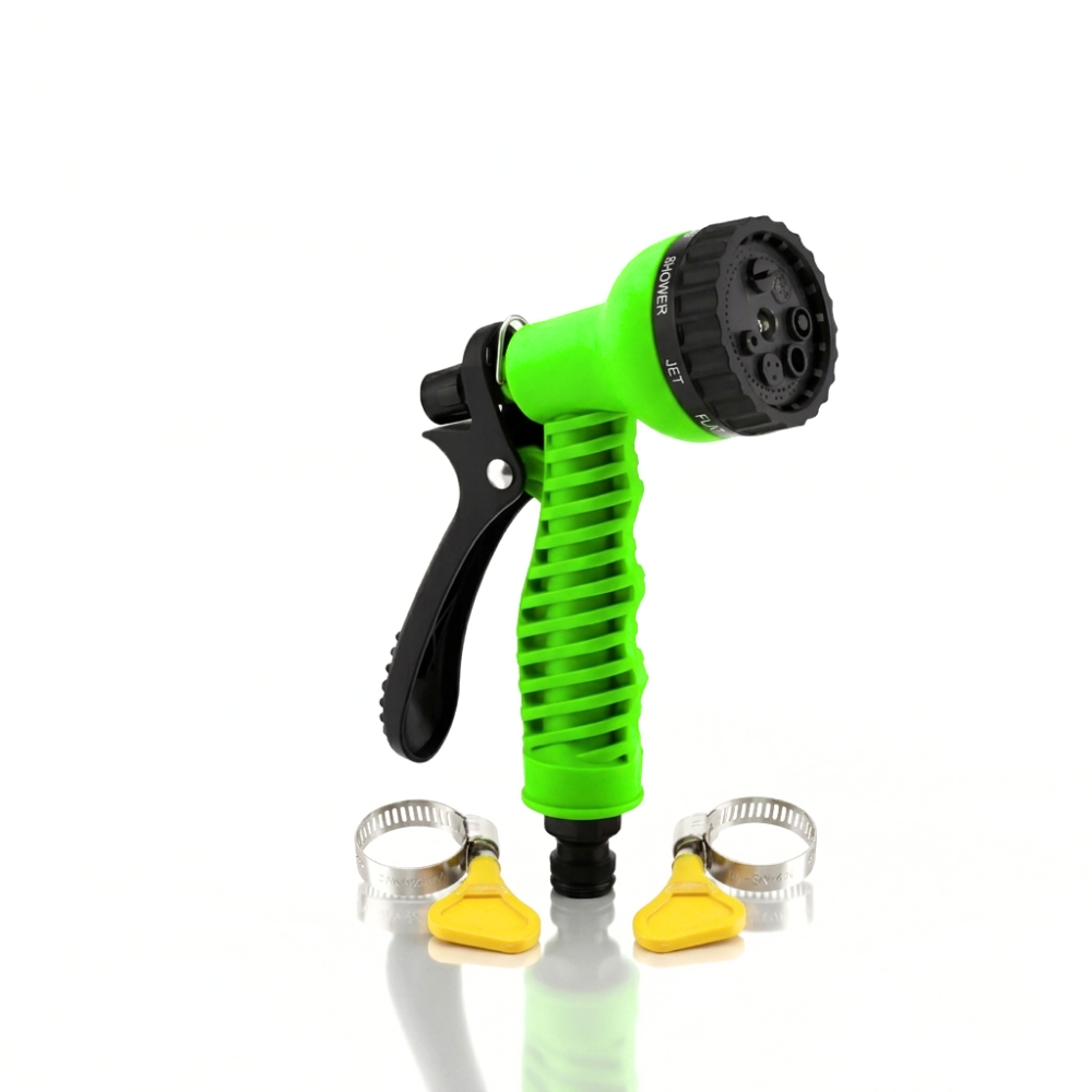 Selang Air PVC Serat Benang Hijau ⅝ & ¾ Inch SSBO – Nozzle Semprotan 7 Mode + 2 Klem – Kuat, Fleksibel, Anti Lipat & Siap Pakai