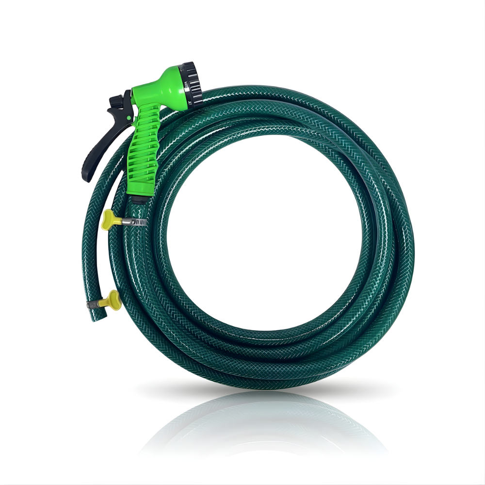 Selang Air PVC Serat Benang Hijau ⅝ & ¾ Inch SSBO – Nozzle Semprotan 7 Mode + 2 Klem – Kuat, Fleksibel, Anti Lipat & Siap Pakai