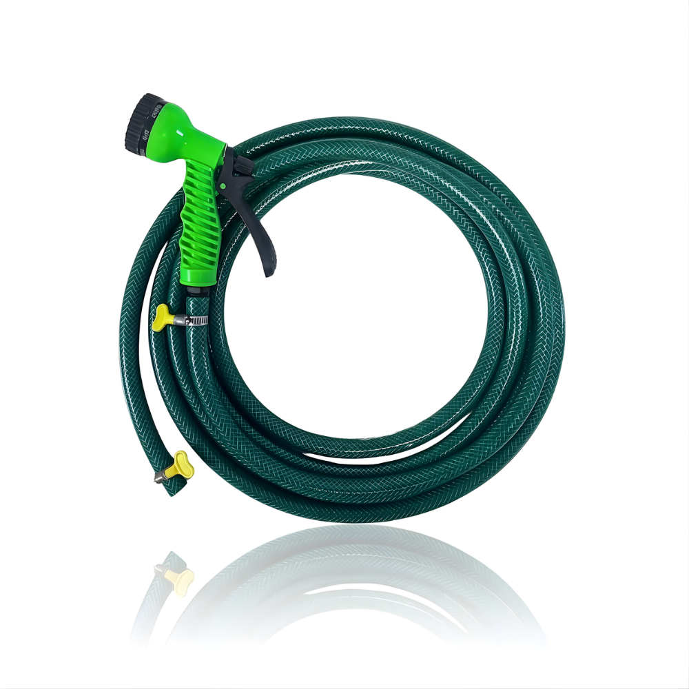 Selang Air PVC Serat Benang Hijau ⅝ & ¾ Inch SSBO – Nozzle Semprotan 7 Mode + 2 Klem – Kuat, Fleksibel, Anti Lipat & Siap Pakai