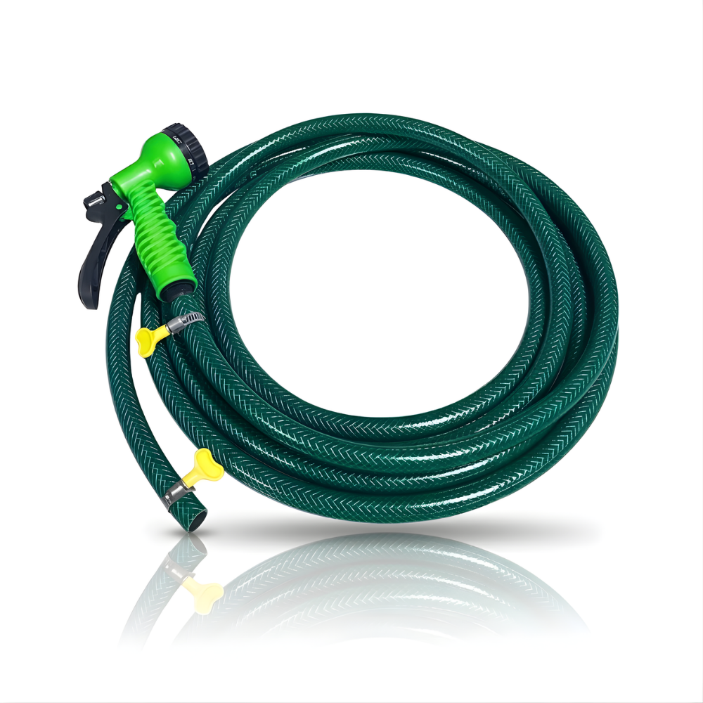 Selang Air PVC Serat Benang Hijau ⅝ & ¾ Inch SSBO – Nozzle Semprotan 7 Mode + 2 Klem – Kuat, Fleksibel, Anti Lipat & Siap Pakai
