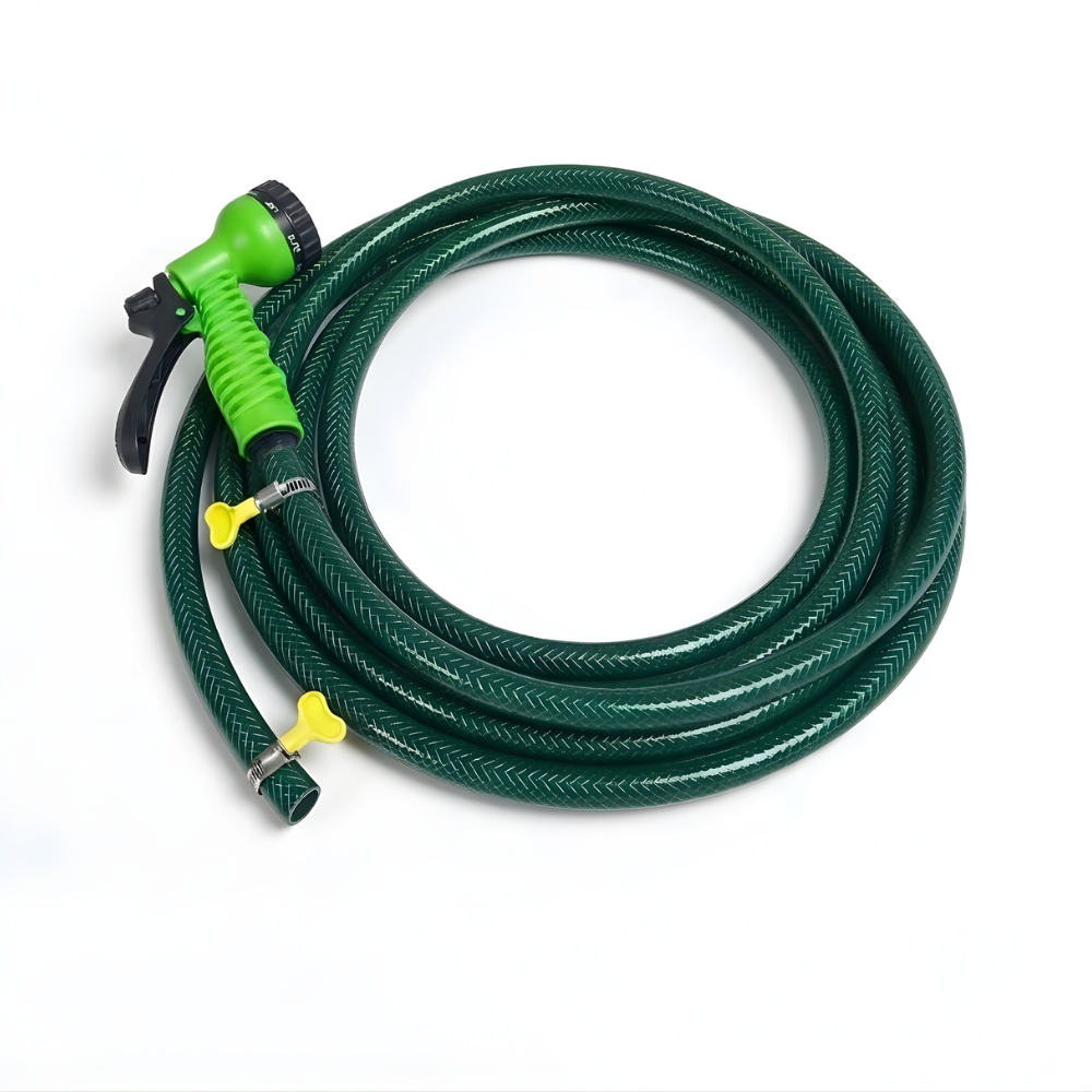 Selang Air PVC Serat Benang Hijau ⅝ & ¾ Inch SSBO – Nozzle Semprotan 7 Mode + 2 Klem – Kuat, Fleksibel, Anti Lipat & Siap Pakai