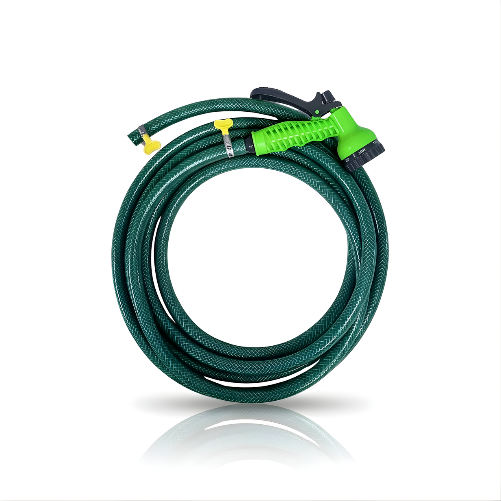 Selang Air PVC Serat Benang Hijau ⅝ & ¾ Inch SSBO – Nozzle Semprotan 7 Mode + 2 Klem – Kuat, Fleksibel, Anti Lipat & Siap Pakai