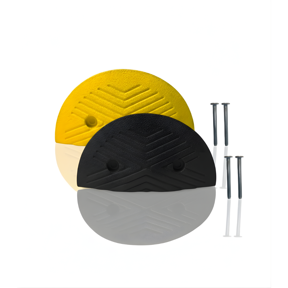 2 Ujung Polisi Tidur SSBO 4×18×35 + 4 Baut Pemasangan – Warna Hitam & Kuning, Anti Slip & Mudah Dipasang