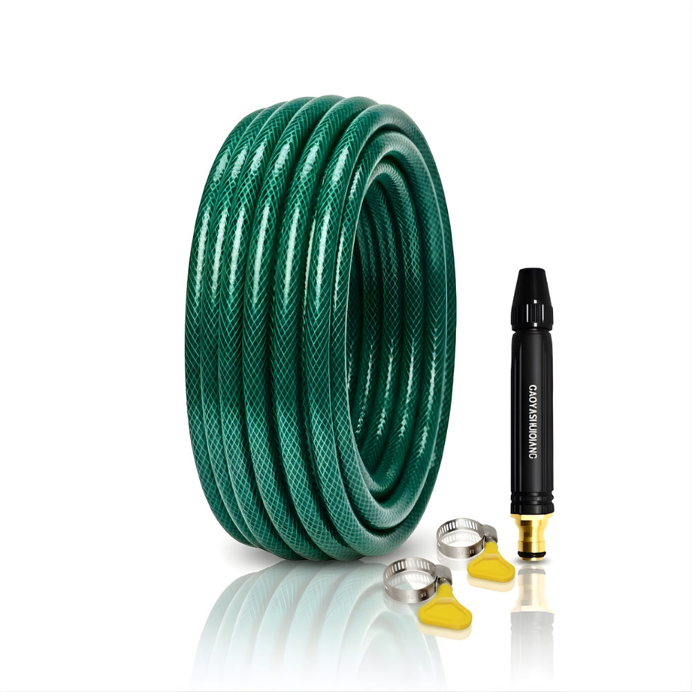 Selang Air PVC Serat Benang Hijau ⅝ & ¾ Inch SSBO – Nozzle Stick + 2 Klem – Kuat, Fleksibel, Anti Lumut & Siap Pakai