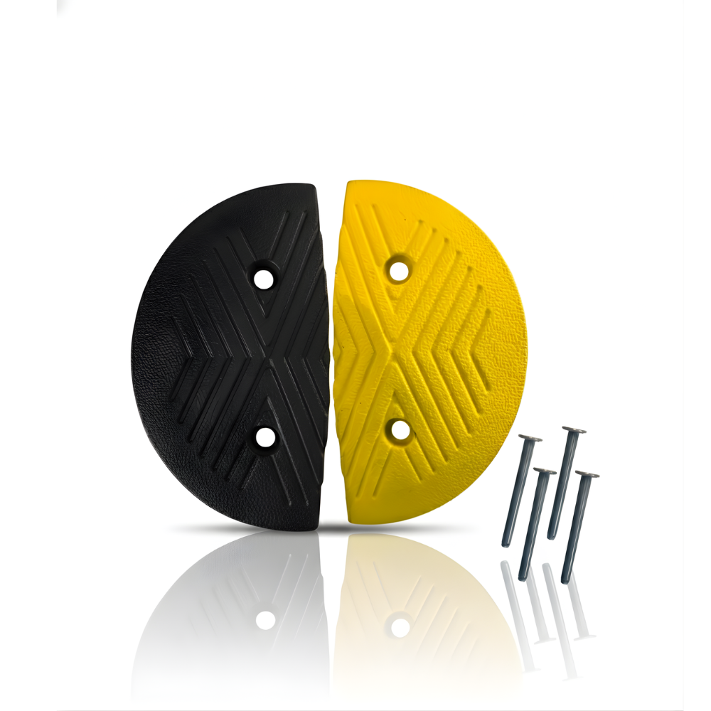 2 Ujung Polisi Tidur SSBO 4×18×35 + 4 Baut Pemasangan – Warna Hitam & Kuning, Anti Slip & Mudah Dipasang