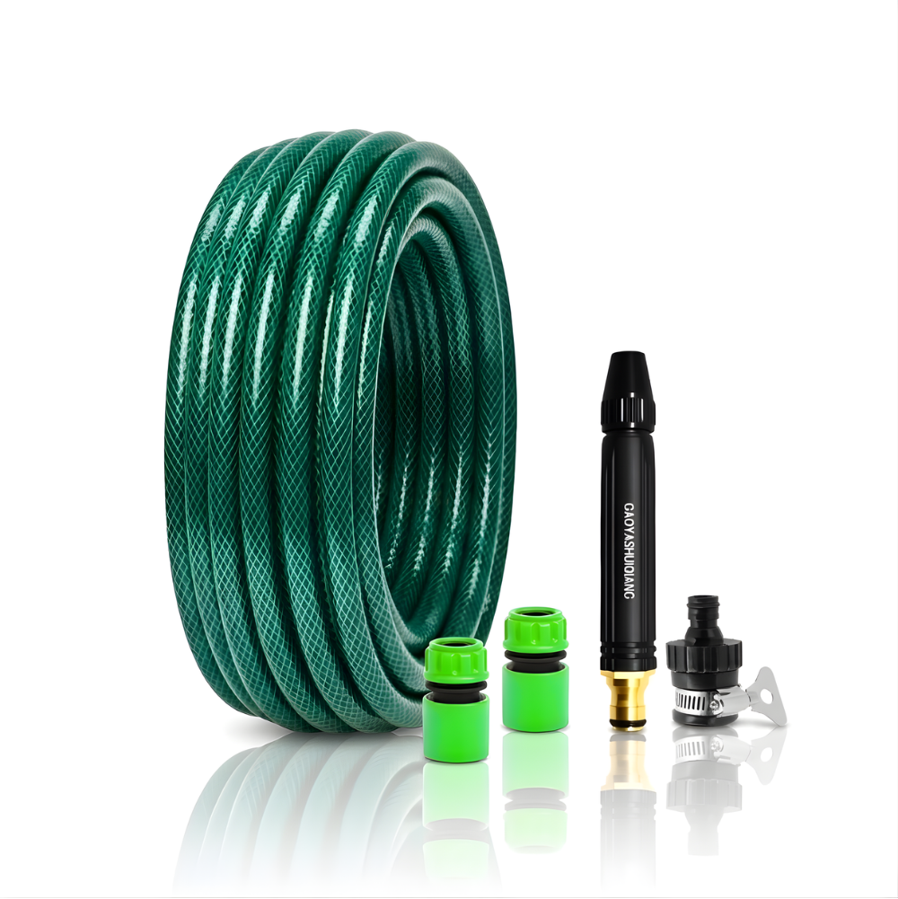 Selang Air PVC Serat Benang Hijau ½, ⅝, ¾ Inch SSBO + Nozzle Stick & Aksesoris Lengkap – Kuat, Fleksibel & Siap Pakai