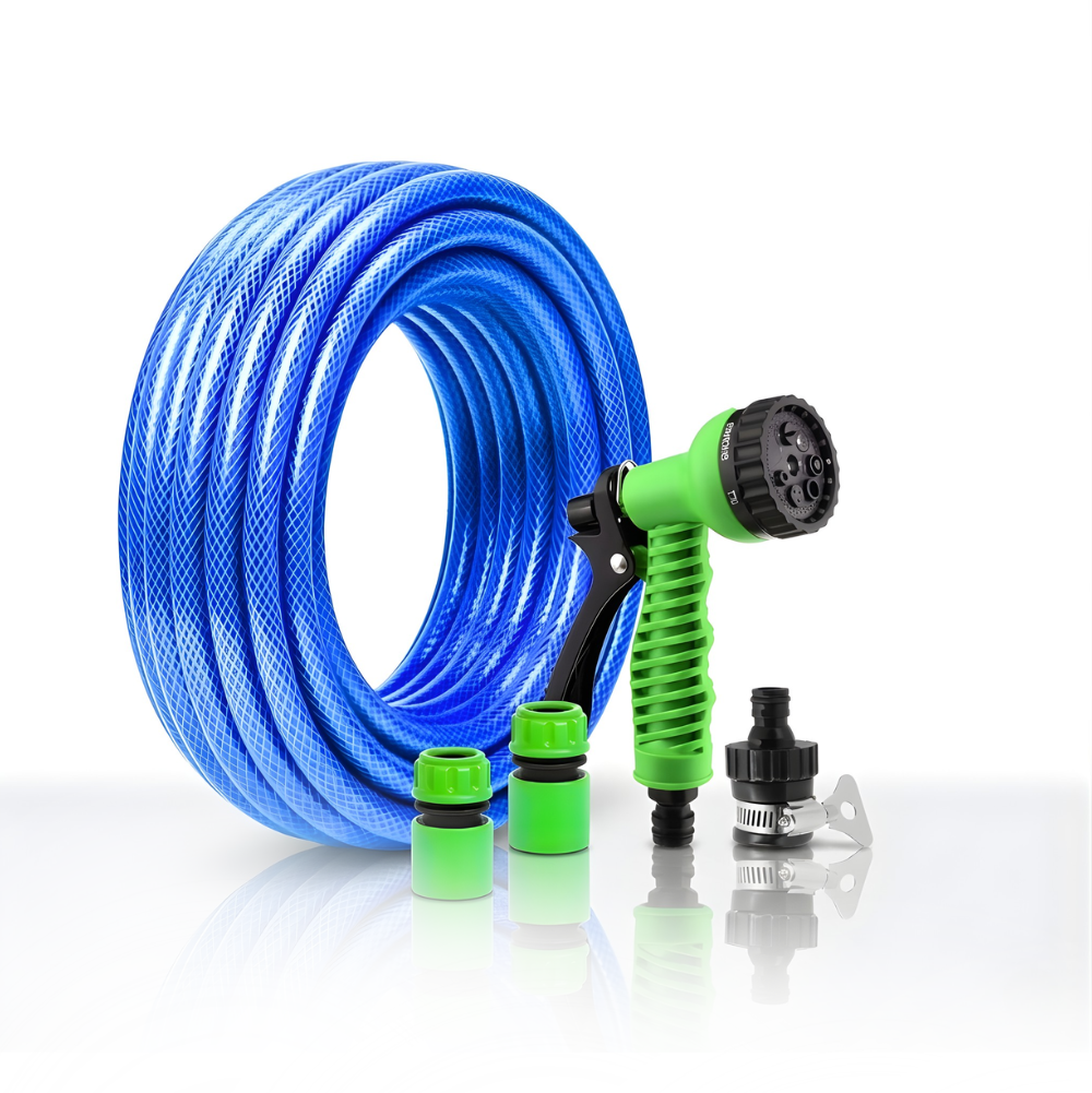 Paket Selang Air Serat Benang Biru SSBO ½, ⅝ & ¾ Inch – Nozzle 7 Mode, Konektor & Fitting Lengkap  Lentur, Kuat & Siap Pakai