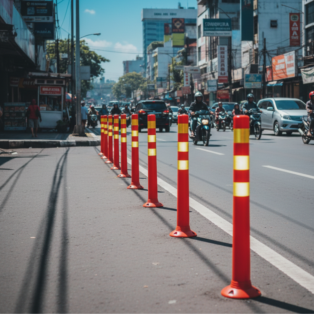 Tiang Lalu Lintas SSBO – Fleksibel, Tinggi 70 cm, Diameter 15 cm, Reflektif & Anti Benturan