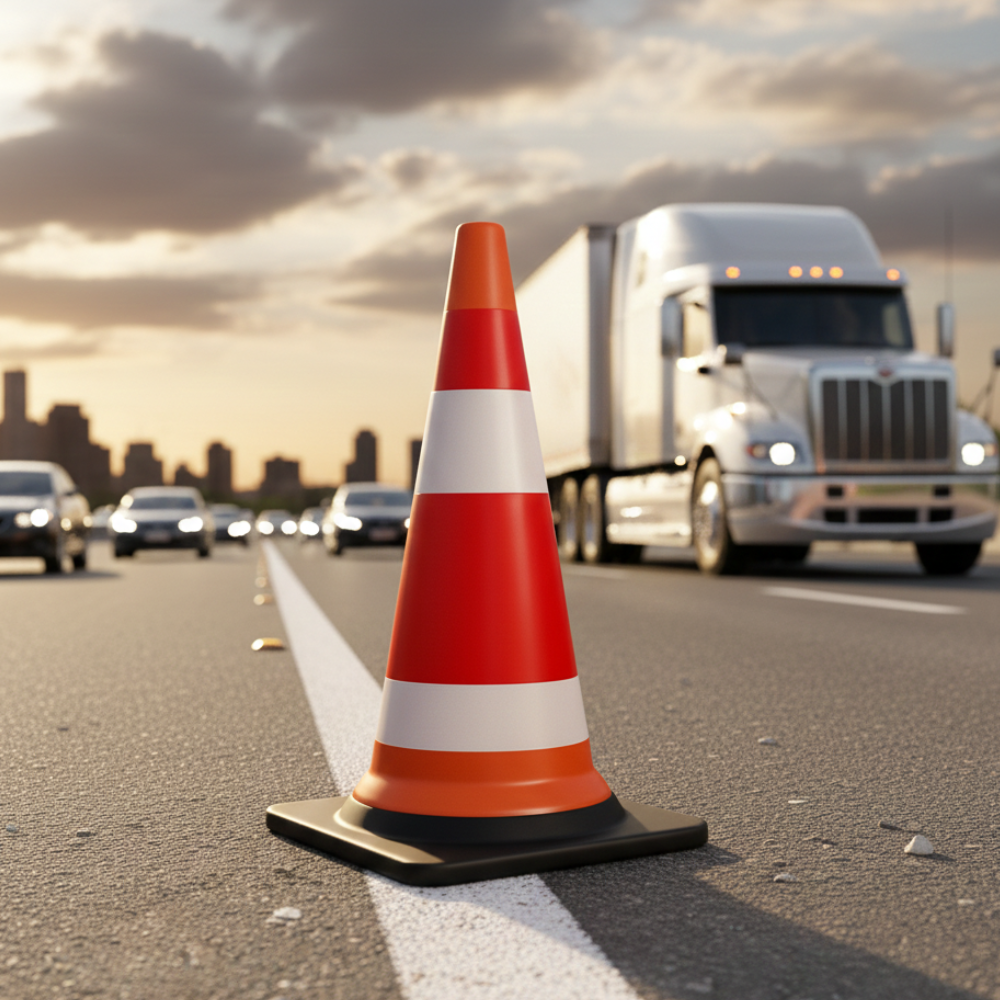 Cone Lalu Lintas 70×37 cm SSBO – Body Orange Reflektif, Alas Hitam, Bahan PVC Lentur & Tahan Cuaca