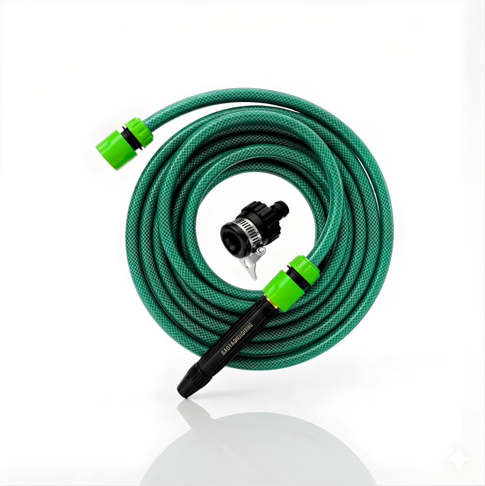 Selang Air PVC Serat Benang Hijau ½, ⅝, ¾ Inch SSBO + Nozzle Stick & Aksesoris Lengkap – Kuat, Fleksibel & Siap Pakai