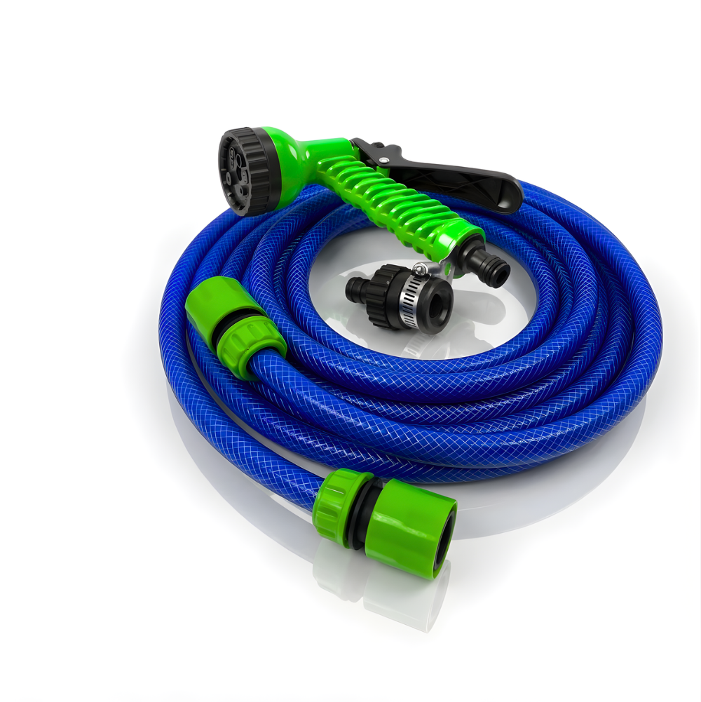 Paket Selang Air Serat Benang Biru SSBO ½, ⅝ & ¾ Inch – Nozzle 7 Mode, Konektor & Fitting Lengkap  Lentur, Kuat & Siap Pakai