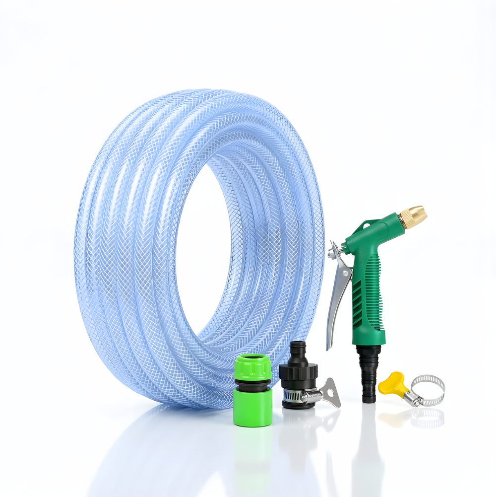 Paket Selang Air Serat Benang Transparan SSBO ½”, ⅝” & ¾” – Dilengkapi Nozzle 4 Mode, 2 Konektor & Fitting Lengkap