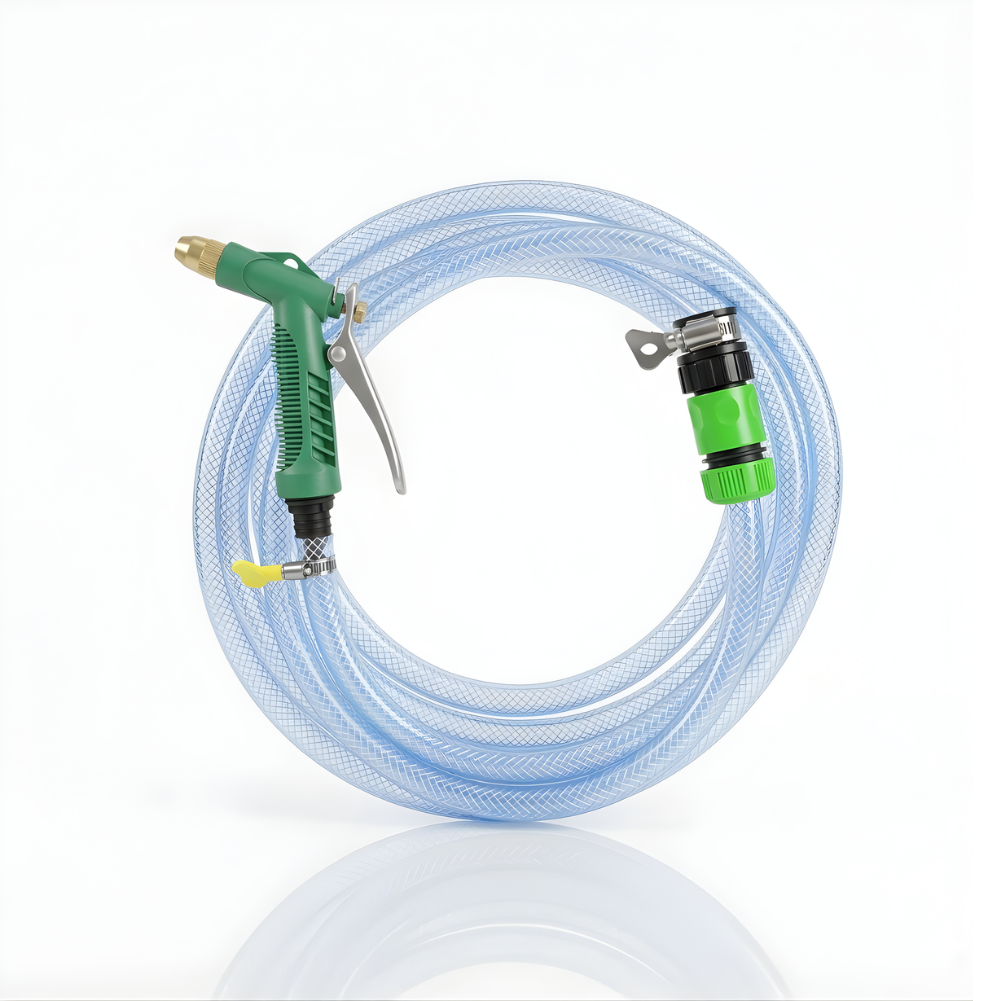 Paket Selang Air Serat Benang Transparan SSBO ½”, ⅝” & ¾” – Dilengkapi Nozzle 4 Mode, 2 Konektor & Fitting Lengkap