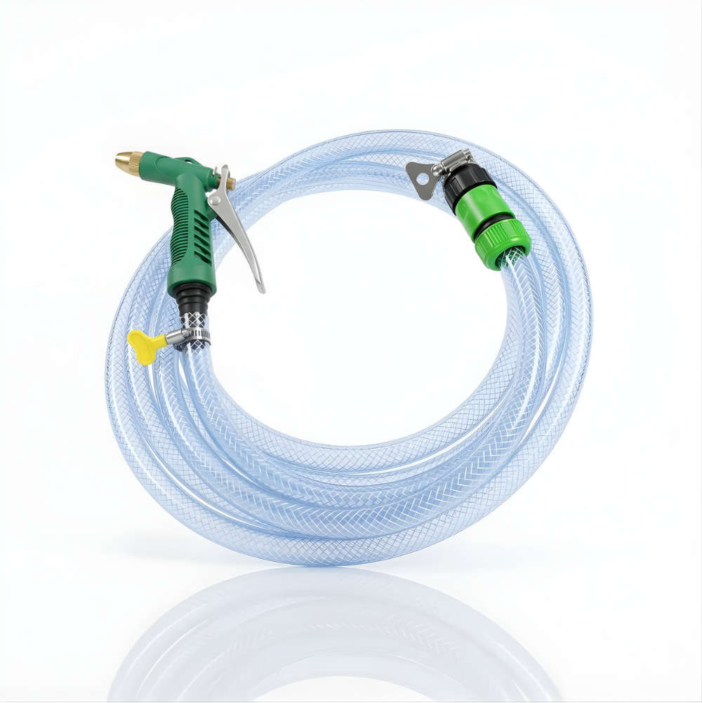 Paket Selang Air Serat Benang Transparan SSBO ½”, ⅝” & ¾” – Dilengkapi Nozzle 4 Mode, 2 Konektor & Fitting Lengkap